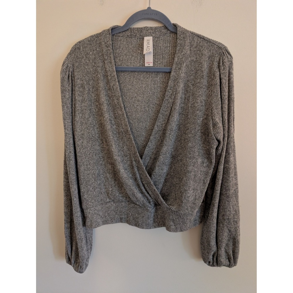 AMADI Women Grey Ribbed Surplice Puff Sleeve Cropped Top Size Medium balletcore